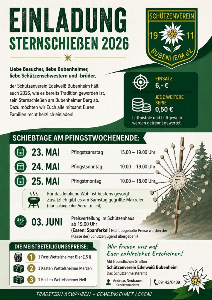 EINLADUNG STERNSCHIEBEN 2026
SCHÜTZENVEREIN
19
11
SUBENHEIM eN
Liebe Besucher, liebe Bubenheimer, liebe Schützenschwestern und -brüder, der Schützenverein Edelweiß Bubenheim hält auch 2026, wie es bereits Tradition geworden ist, sein Sternschießen am Bubenheimer Berg ab.
Dazu möchten wir Euch alle mitsamt Euren
Familien recht herzlich einladen!
EINSATZ
6,- €
JEDE WEITERE
SERIE
0,50 €
Luftpistole und Luftgewehr werden getrennt gewertet.
23. MAI
Pfingstsamstag
15.00 - 19.00 Uhr
24. MAI
Pfingstsonntag
10.00 - 19.00 Uhr
25. MAI
Pfingstmontag
10.00 - 18.00 Uhr
SCHIEßTAGE AM PFINGSTWOCHENENDE:
B::
Für das leibliche Wohl ist bestens gesorgt!
Zusätzlich gibt es am Samstag gegrillte Makrelen (nur solange der Vorrat reicht)
03. JUNI
Preisverteilung im Schützenhaus ab 19.00 Uhr
(Essen: Spanferkel! Nicht abgeholte Preise werden der (Kasse der) Schützenjugend übergeben!)
DIE MEISTBETEILIGUNGSPREISE:
Wir freuen uns auf Euer zahlreiches Erscheinen!
1 Fass Wettelsheimer Bier (15 l)
Mit freundlichen Grüßen
2
1 Kasten Wettelsheimer Märzen
Schützenverein Edelweiß Bubenheim
Das Schützenmeisteramt
3
1 Kasten Wettelsheimer Hell
Andreas Neubauer,
1. Schützenmeister
C 09142/6409